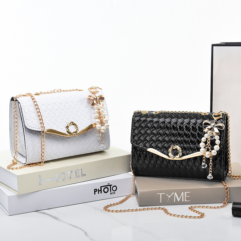 designer premium bag 2026 Women Woven Pattern Shoulder Crossbody Bag, Pearl Bow Decor Metal Chain Flap Purse, Elegant Evening Party Clutch Handbag f