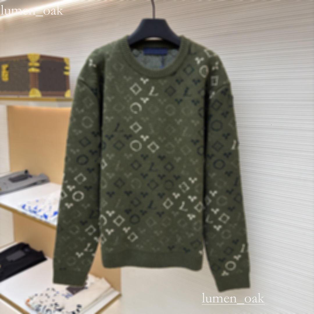 Lv Hoodies Mens Sweater Mens Sweater High Quality Brand Full Print Old Flower Lve Army Green Wool Round Neck Sweater Couples Jacquard Sweater Autumn