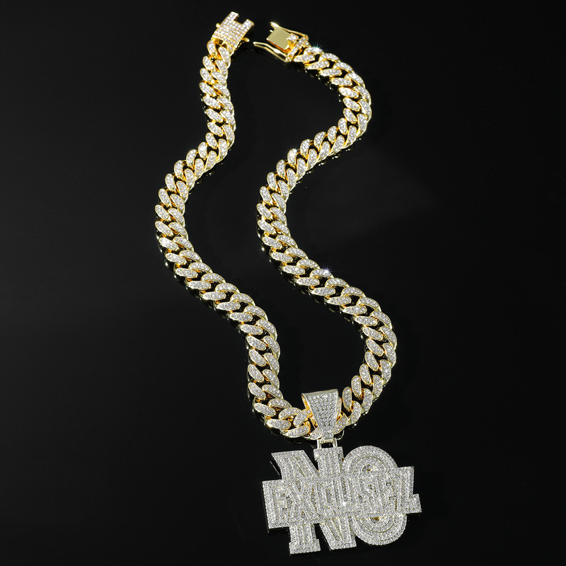 European and American Cross-Border Moissanite chain Hip-Hop Design Full Diamond Letter NO Pendant Necklace Fashion Personality Men's Cuban Chai