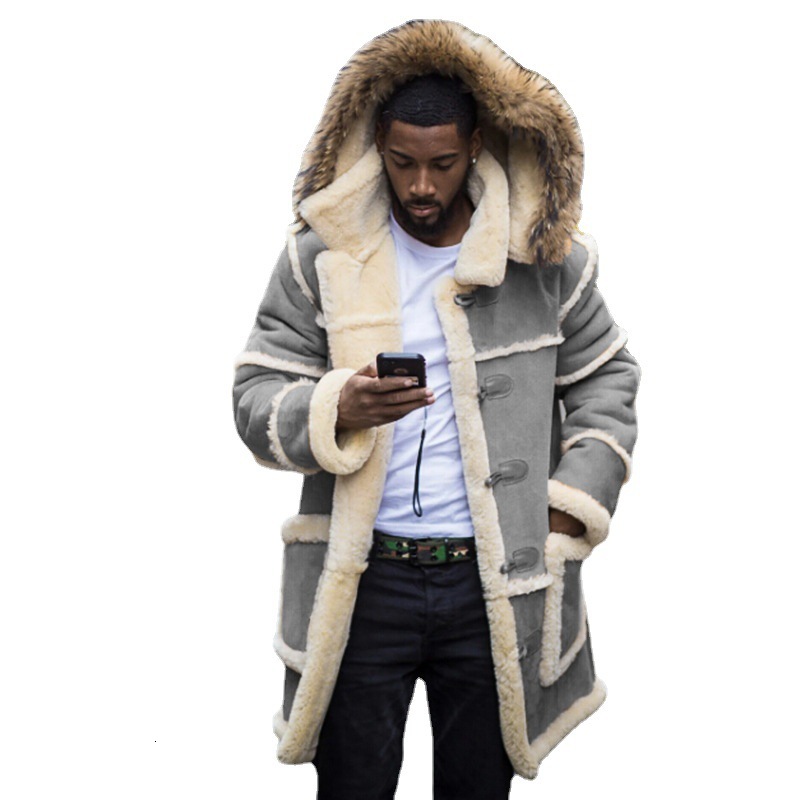 Overcoat Men Winter New Loose Long Cotton-Padded Jacket Brown Fur Integrated Lamb Wool Hooded Coats Male
