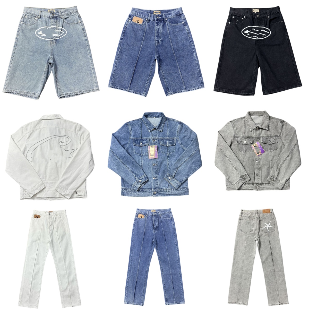 Oversized Men's Jorts Designer Style Denim Shorts with Star Embroidery & Graphic Front Print. Loose Fit Y2K Aesthetic Summer Bottoms.