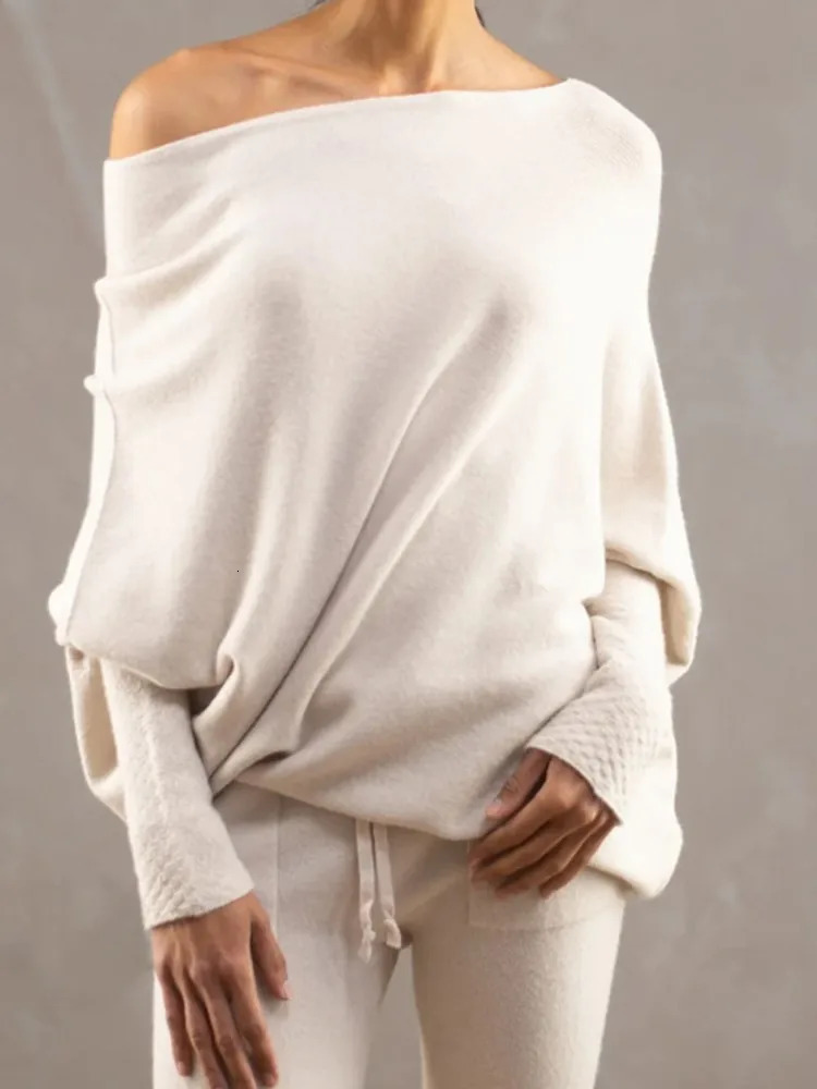 Women One Size Pullover Jumpers Solid Color Neck Pullover Knitted Female Comfortable Commuter Off Shoulder Slash Neck Sweater 260910