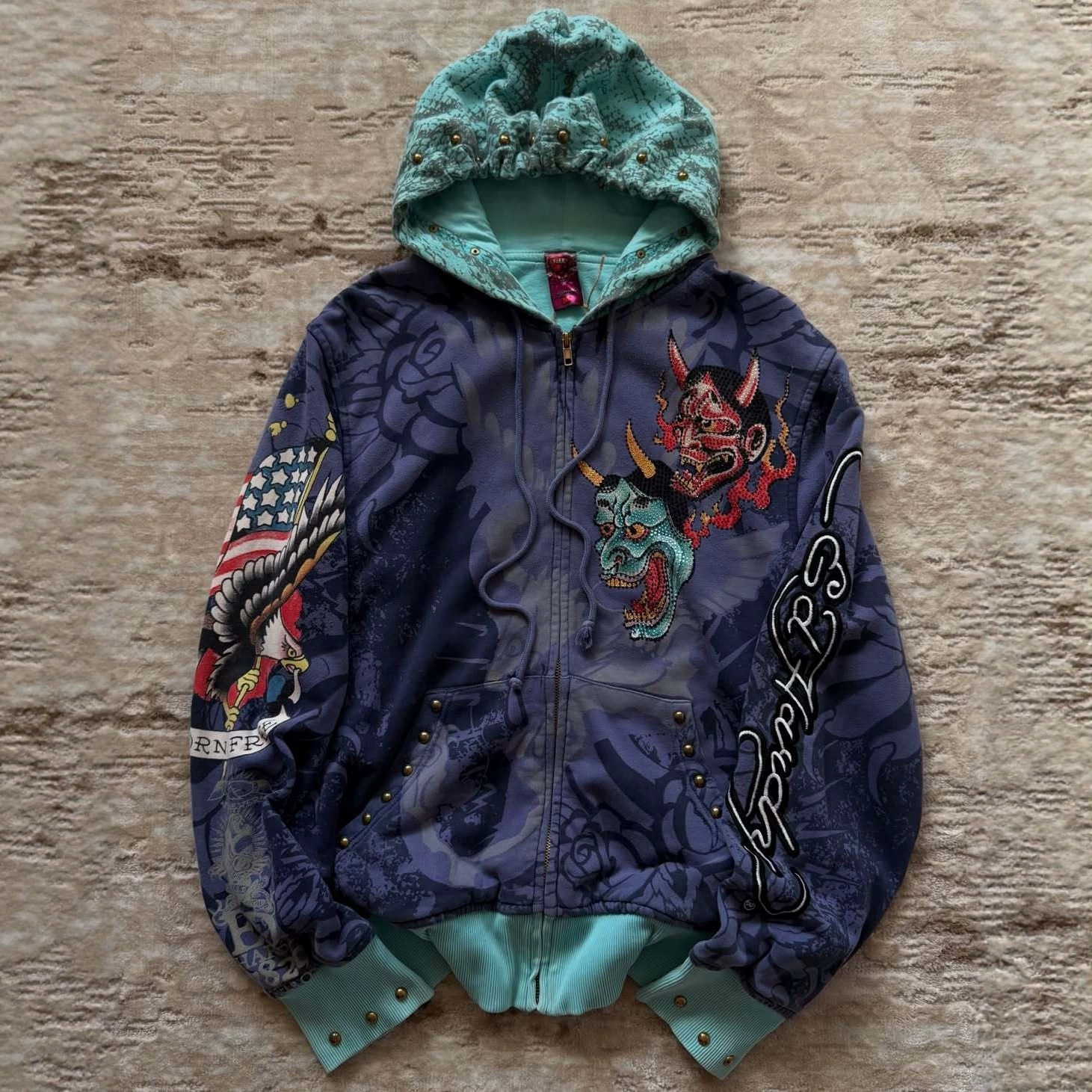 Luxury Brand Designer Clothes Y2k Vintage Wash Full Zip Hooded Sweatshirt Punk Oni Eagle Tattoo Graphic Rivet Decor Outerwear