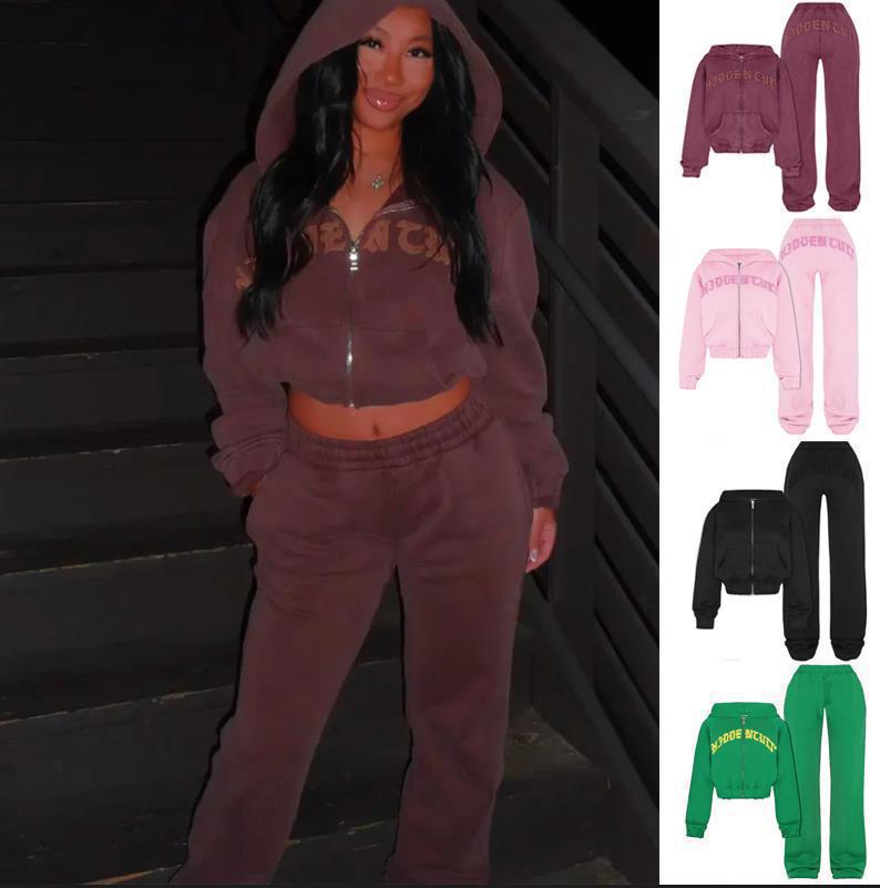 Designer Hoodie Set Hidden Cult Melore Distressed Sweatsuit Women Plus Size Cropped Zip Hoodies Set Girl Acid Wash y2k Two Piece Gothic Letter Sweat