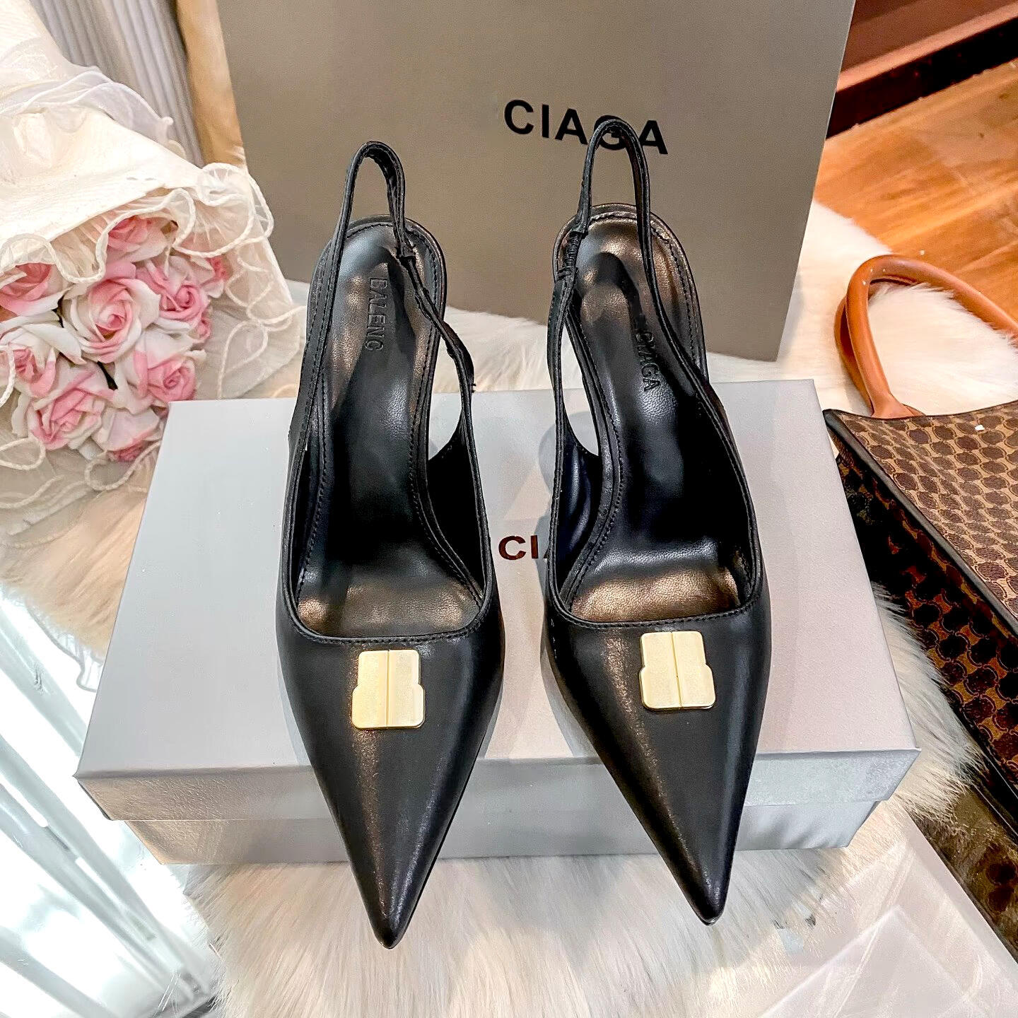 Thin Heel Metal Square Buckle Women luxurys Designer Dress shoe Pointed Toe slipper Slingback High Heels evening party Wedding Office Sandals