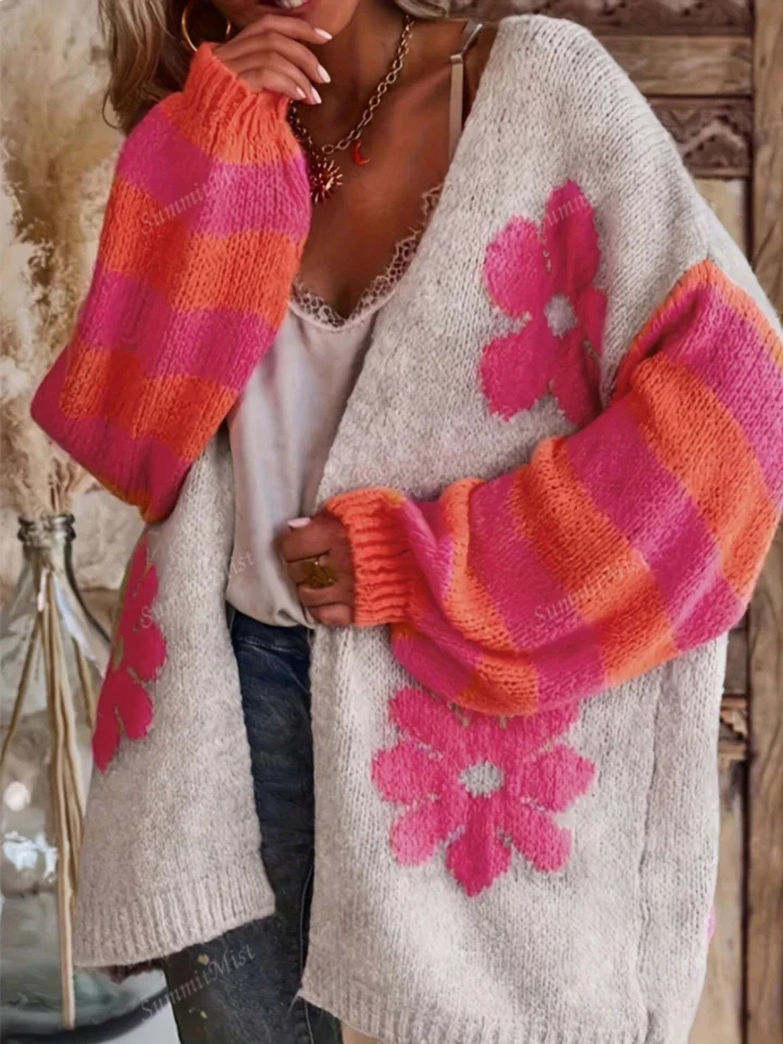 Women's RainbowStriped Knitted Cardigan Sweater Featuring a Retro Floral Pattern with Oversized Front Opening and Long 260908