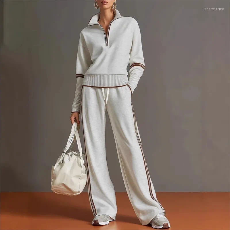 Fall Spring Womens Casual Sports 2piece Set Suit Contrasting Color Stand-up Collar Sweatshirt Wide-leg Pants Two-piece Women