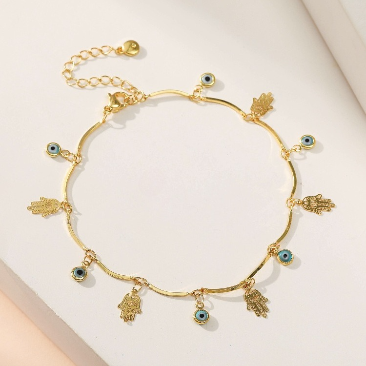 18k Gold Plated Anklet for Women Adjustable Gold Tone Ankle Bracelet Amulet Ankle Bracelets Dainty Hamsa Hand Evil Eye Foot Chain Anklets Summer Bea