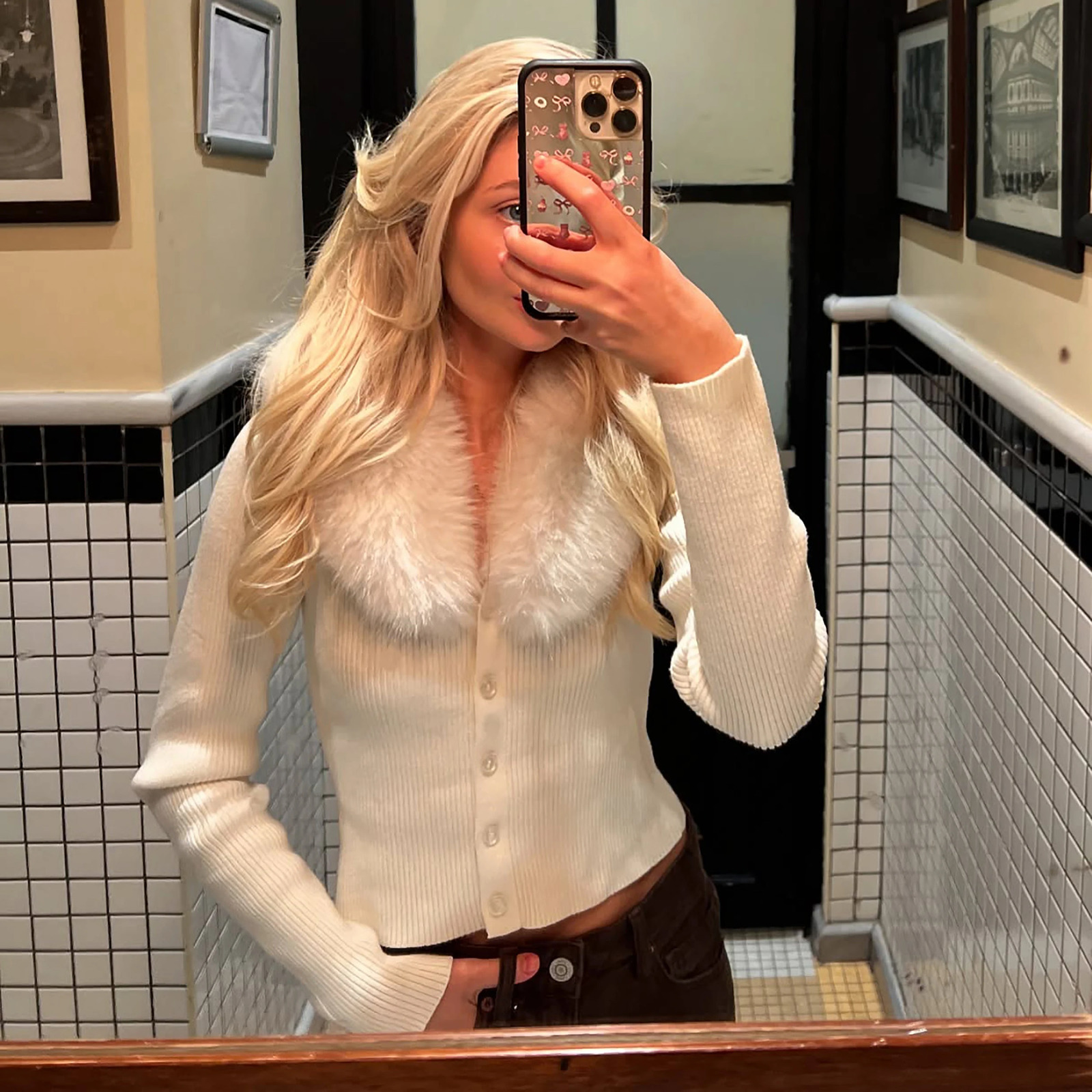 Women Detachable Faux Fur Big Collar Ribbed Knit Sweater VNeck Button Long Sleeve Cropped Slim Fit Winter Knitted Cardigan 260910CJ