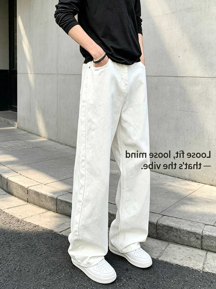 Jeans for Baggy Men Retro Style Solid White Loose Wide Leg Denim Trousers Men Casual Daily Streetwear Washed Men's Jeans PantsT260911