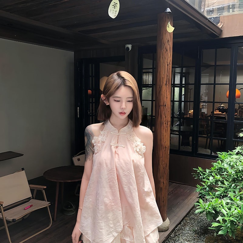 M0765 summer new three-dimensional flower disc button sleeveless top short skirt national style new Chinese temperament casual women's suit