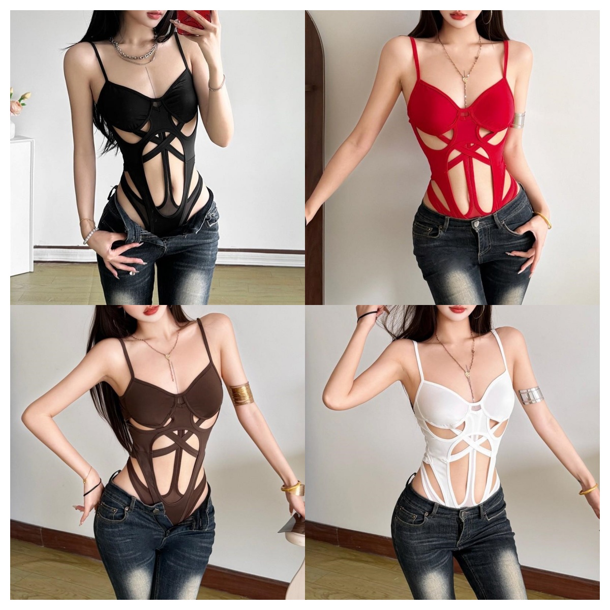 Women Spaghetti Strap Hollow Out Bodysuit Criss Cross Cutout Design Sleeveless Solid Color Slim Fit Shapewear Casual Party Basic Body Suit