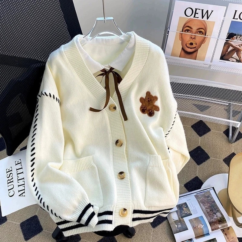 College Style Cute Cartoon Embroidery Cardigan Korean Stringing Fashion Sweater Jacket Japanese Kawaii Knitted Tops 260908