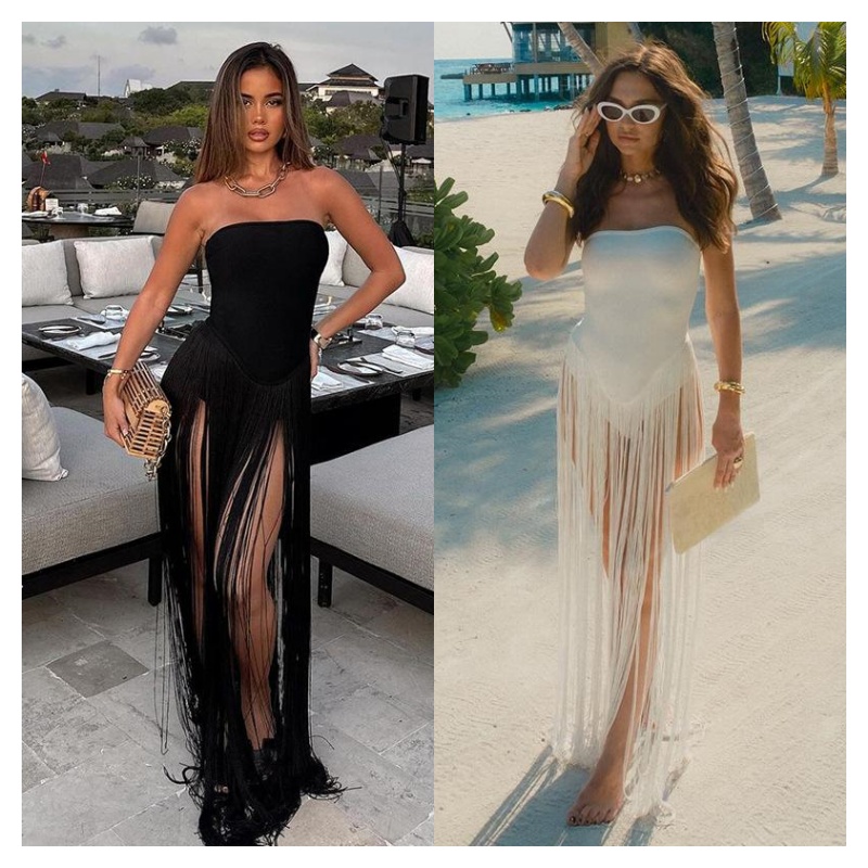 Women Strapless Slim Fit Jumpsuit Solid Color Tube Top Long Fringe Patchwork Formal Party Wear Sleeveless Backless Elegant Maxi Outfit For Evening W