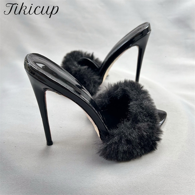 Summer Fashion Sexy Pointed Fur Black Party Sandals for Women High Heel Ladies Simple Half Slippers Big Size 45 260910