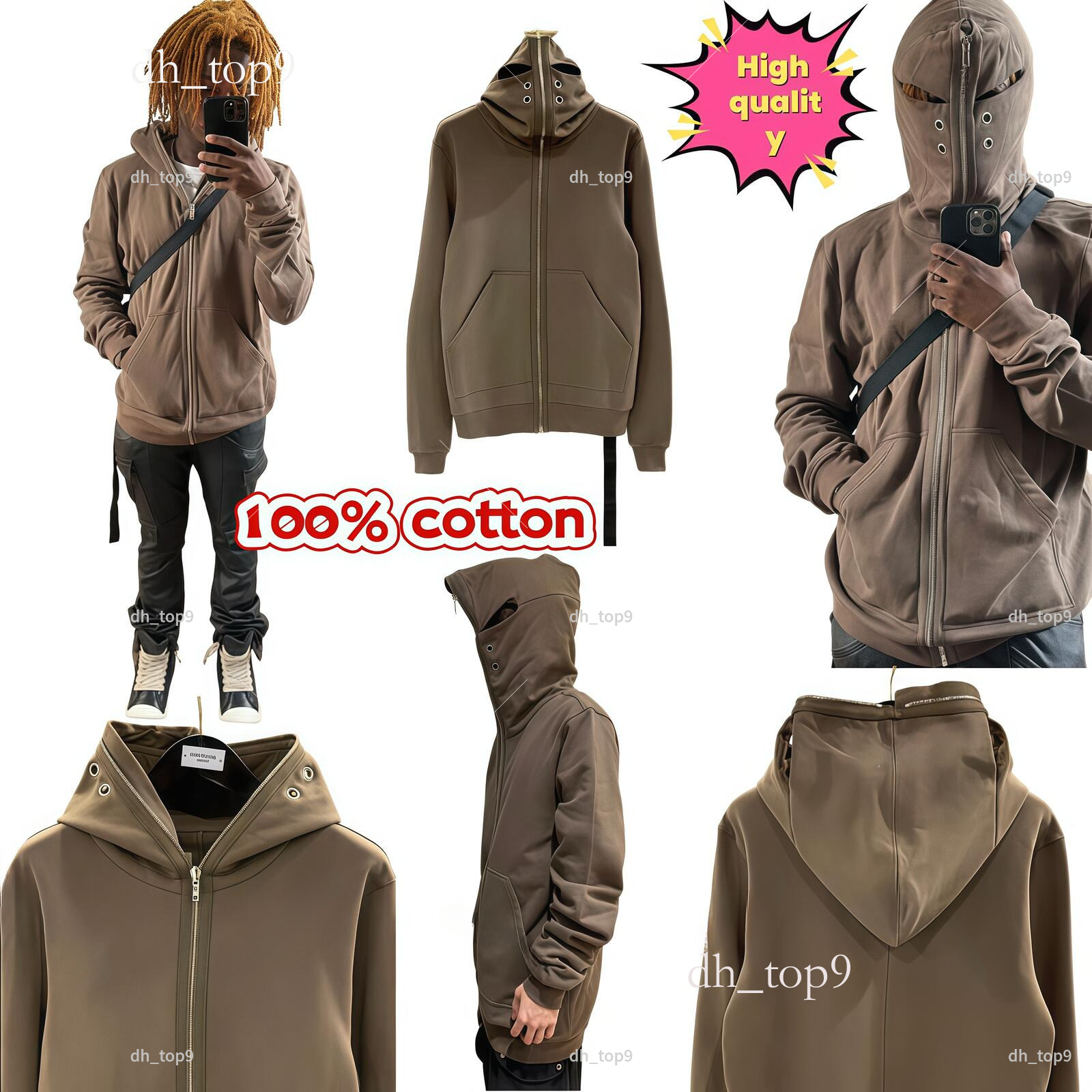 100% cotton RO brand Rick owen hoodie hip hop rock SUBHUMAN Wizard Hat Ribbed Black Zipper CottonSolid Color European and American Style Women'