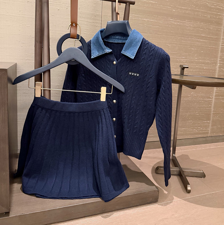 Preppy Style Knit Cardigan Skirt Suit Elegant Panelled Denim Collar Cropped Outwear Pleated Mini Skirt Autumn Dating Birthday Cute Skirt Set
