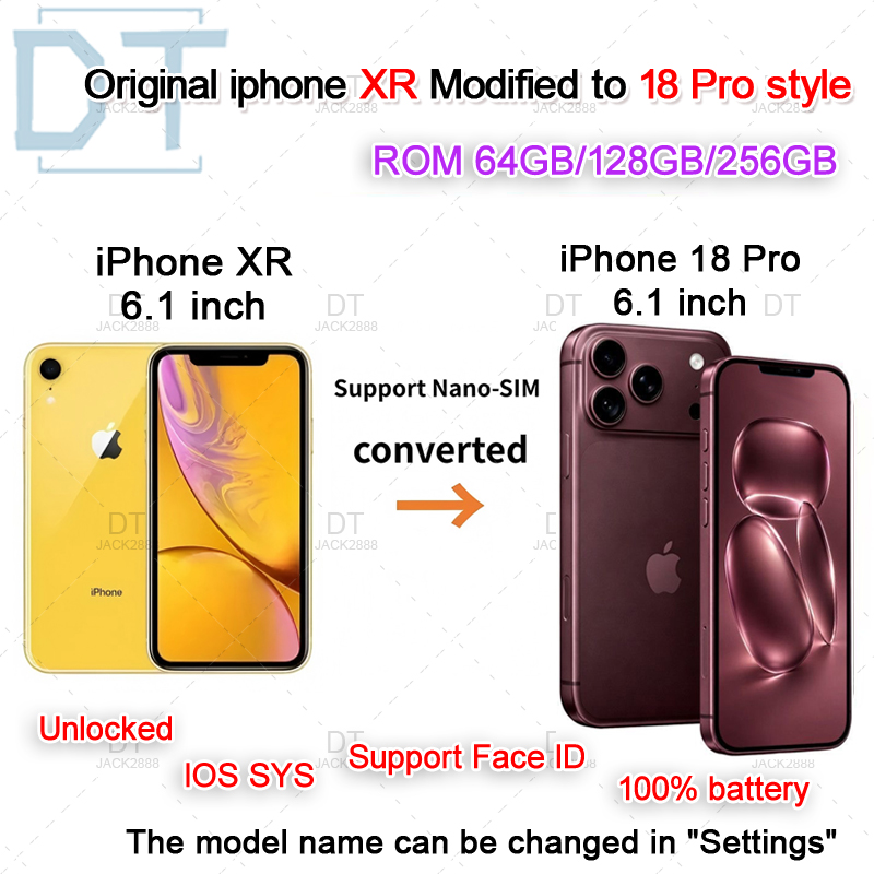 New unlocked Apple iPhone XR converted to iPhone 18 Pro style phone 4G LTE 18Pro original box sealed packaging 3GB RAM+256GB ROM OLED screen battery