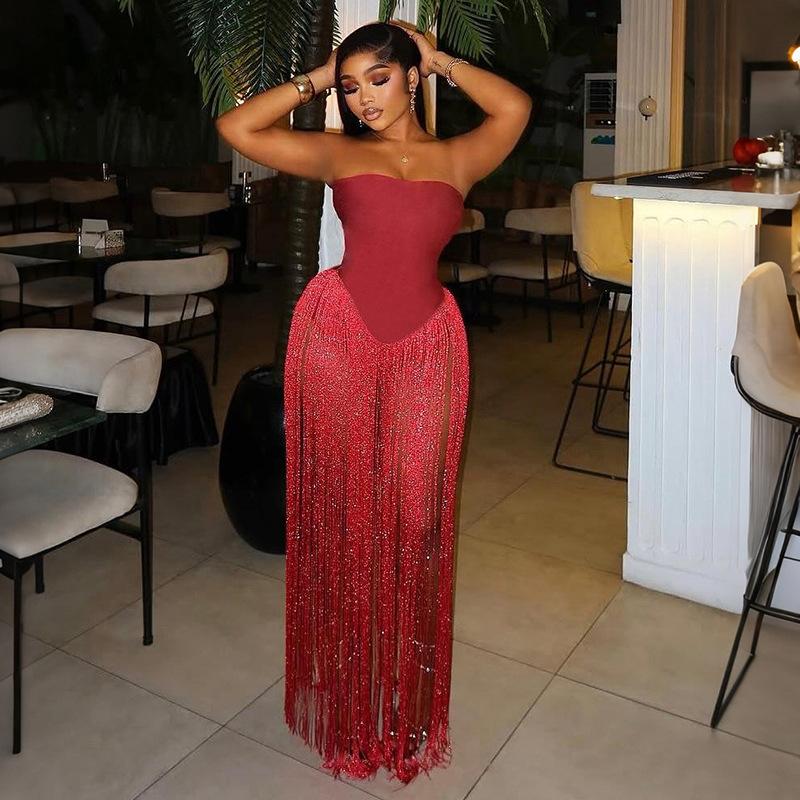 Combinaison bustier tubulaire sans bretelles pour femmes, jupe longue à franges pailletée, coupe cintrée, dos nu, rouge uni, tenue formelle d'inv