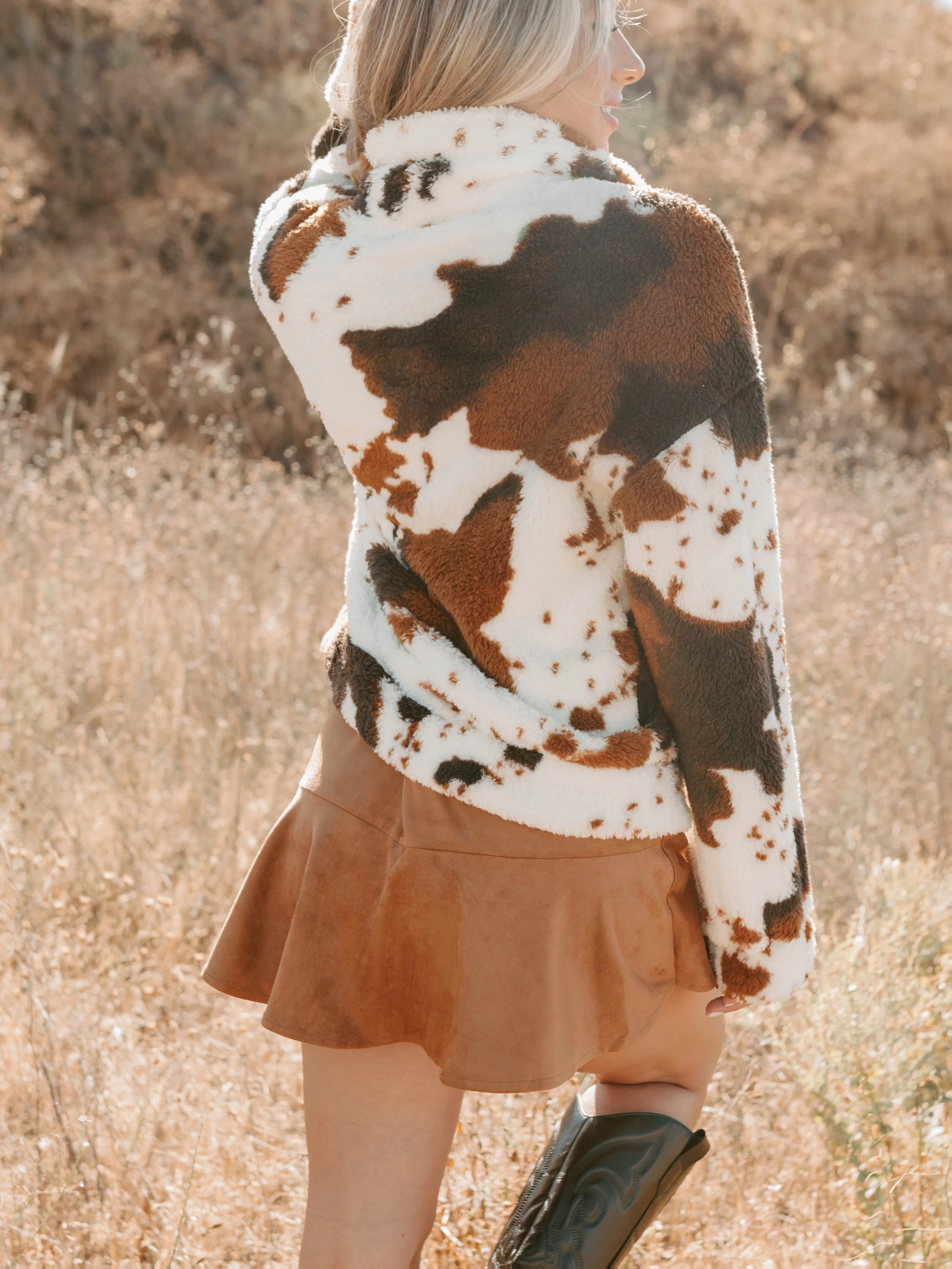 Women's Western Style Cow Print Fleece Jacket, Autumn Winter Stand Collar Zip Up Loose Long Sleeve Thickened Fleece Short Cardigan Top