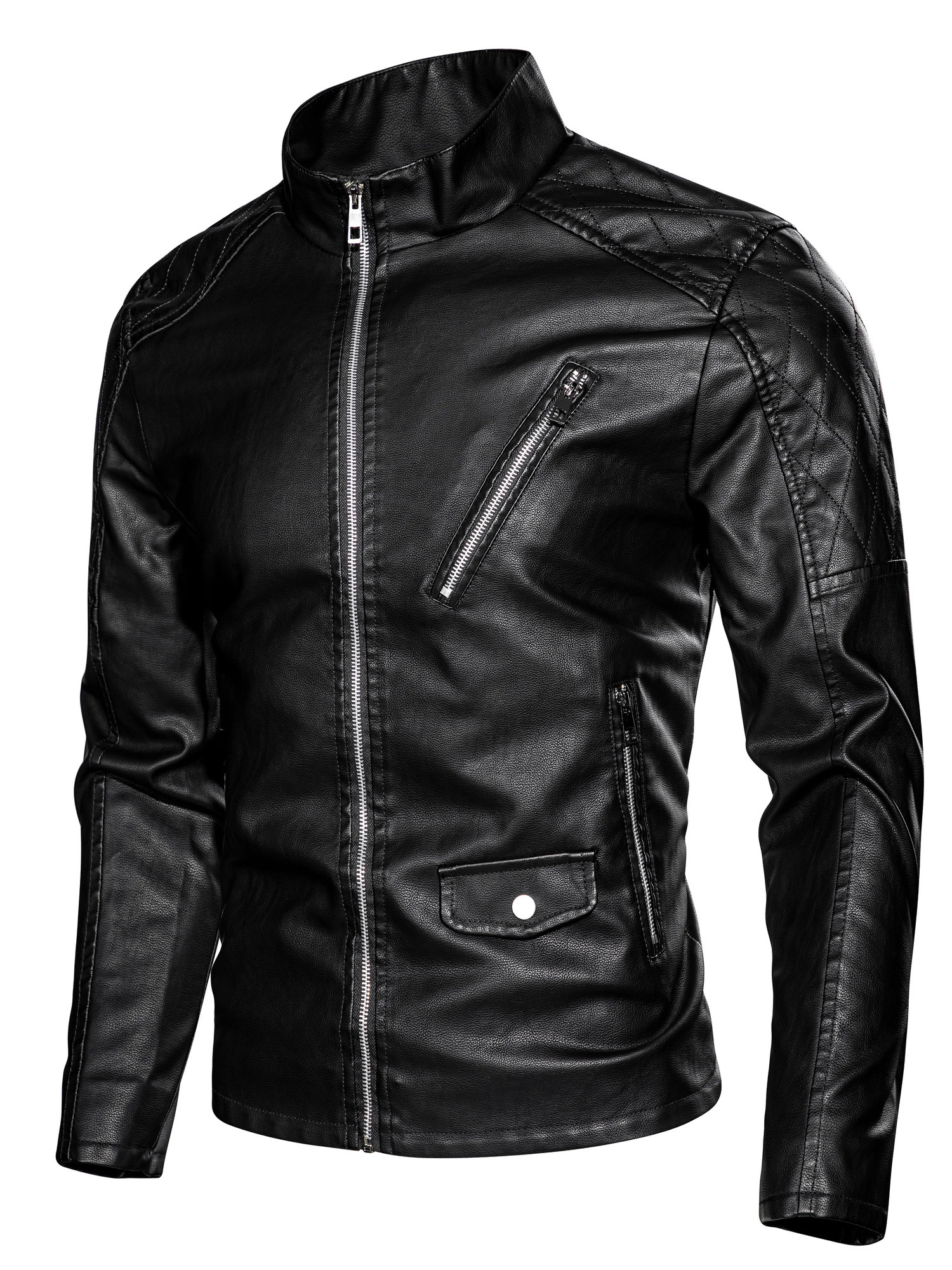 Modern Mens Faux Leather Motorcycle Jacket Minimalist Stand Collar n Lightweight Urban Wear 260902