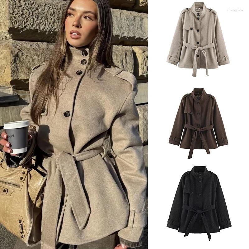Female Solid Color Lace up Short Woolen Coat Elegant High ne