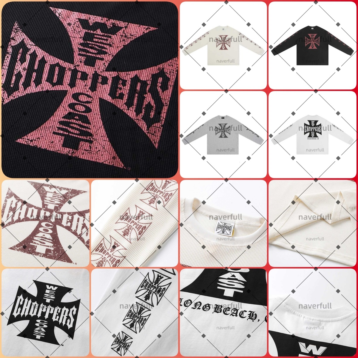 Vintage Wafel Sanskriet West Coast Choppers Longslved T-shirt Mannen Vrouwen Abrikooskleurige West Coast Shirts Retro Punk Hip Hop Tops Casual Trui