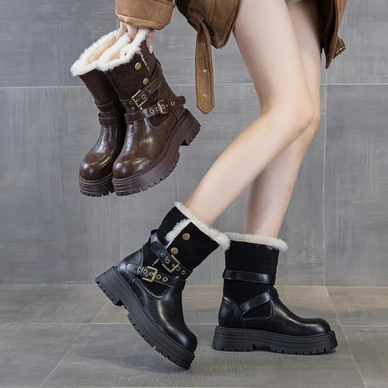 Women's Snow Boots Genuine Leather 2026 Winter Boots Women Thick-Soled Height-Increasing Fleece-Lined Mid-Calf Boots Women 260910