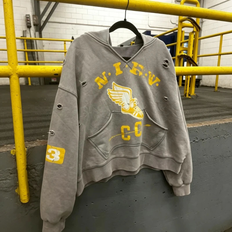 Y2K College Grey Sweatshirt Winged Sneaker Graphic Ripped Crop Hoodie American Retro Hip Hop Streetwear Unisex Oversize Clothing 260910