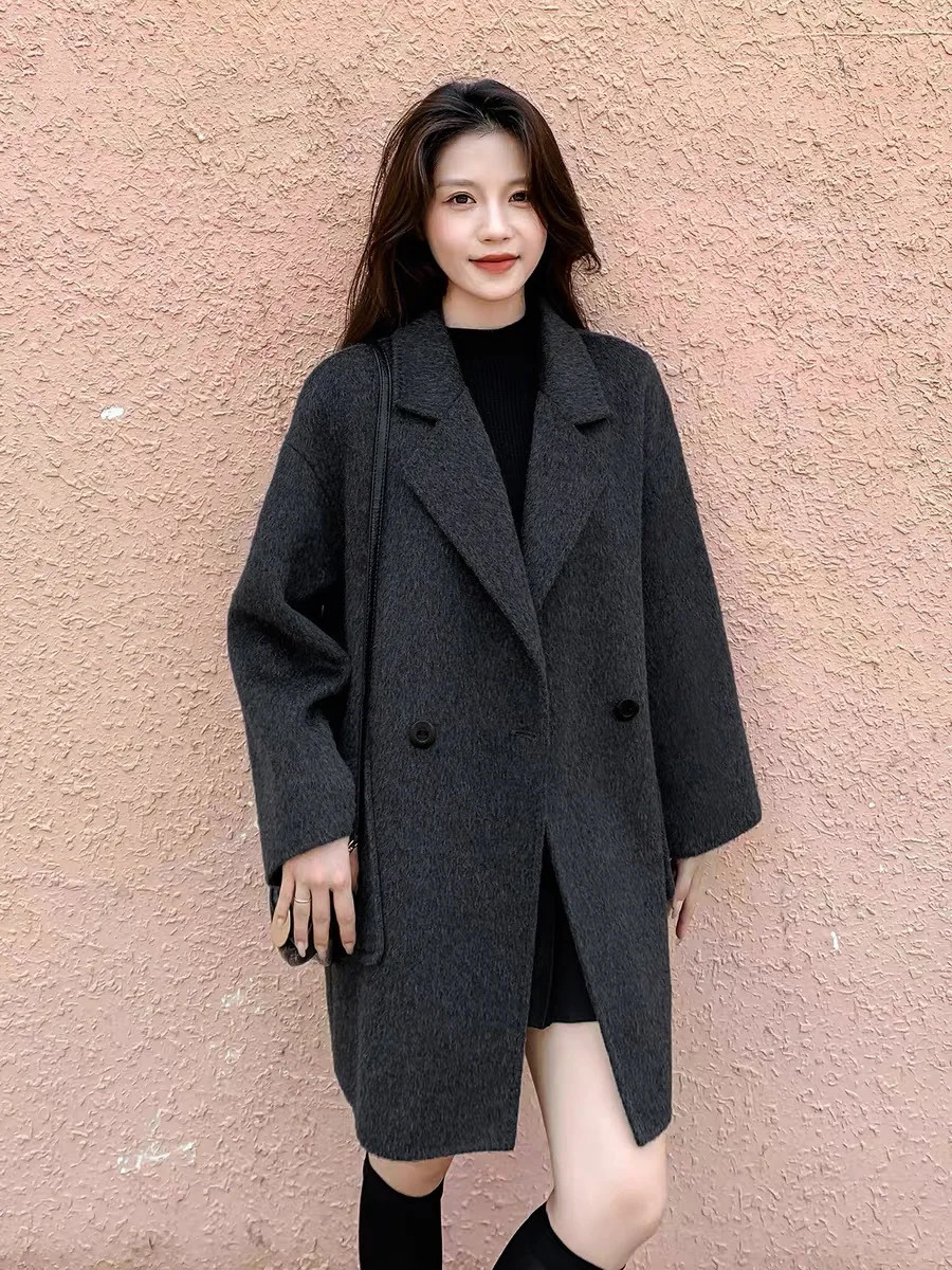 Women's Double Faced Cashmere MidLlength Coat Suit Collar Loose Fit Perfect Trench Winter 260908