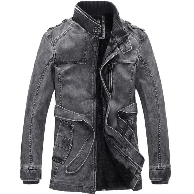 Men's PU Faux Leather Long Coat Classic Retro Jacket Dark Gray Warm Zip Up Motorcycle Removable Hood 260902
