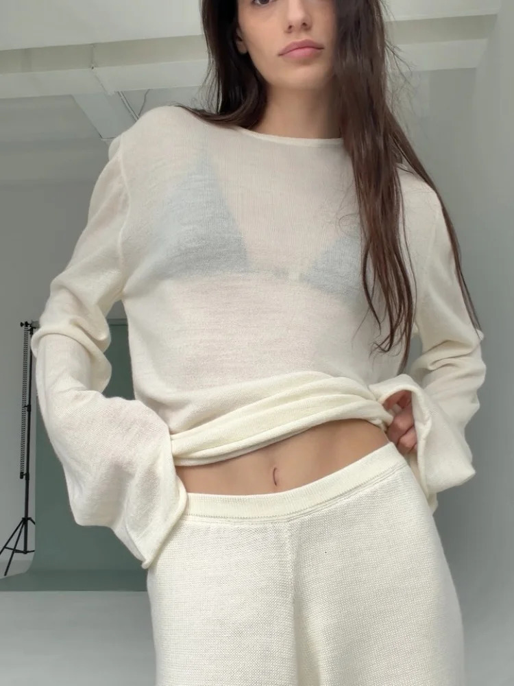 Women's Beige Sheer Knit Long Sleeve Top Lightweight SeeThrough Pullover Sweater Slouchy Relaxed Fit Autumn Casual Tee Shirt 260908