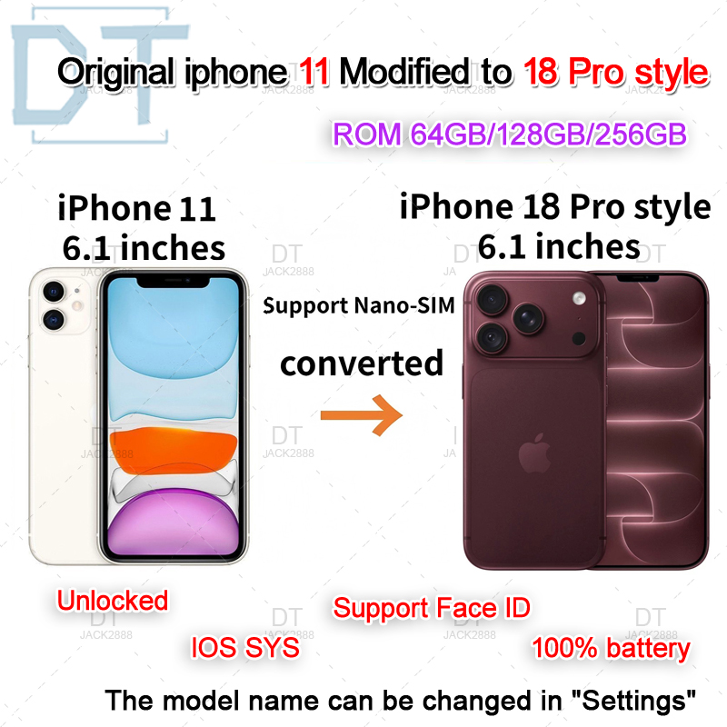 Apple Original Unlocked Apple iPhone 11 converted to iPhone 18 Pro style phone unlocked 4G LTE 18Pro original box sealed packaging 4GB RAM+256GB ROM