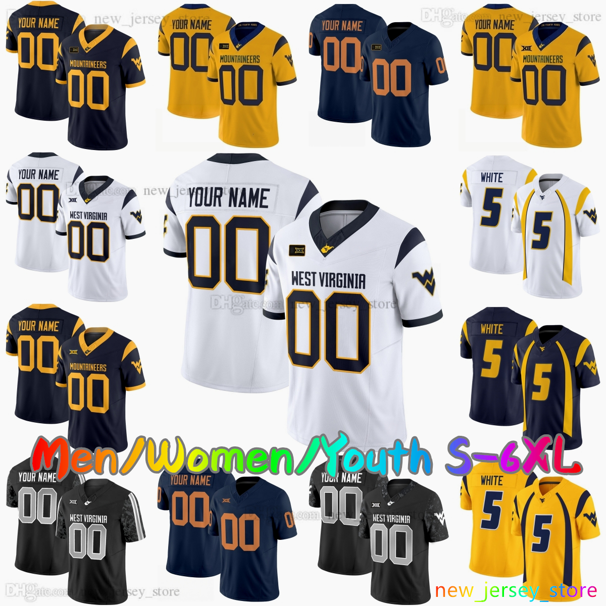 2026-27 Custom 3 Michael Hawkins Jr. West Virginia College Football Jersey 4 Cam Cook 5 Jaden Bray 2 DJ Epps 8 Kamari Wilson 1 Amari Latimer 7 Chams