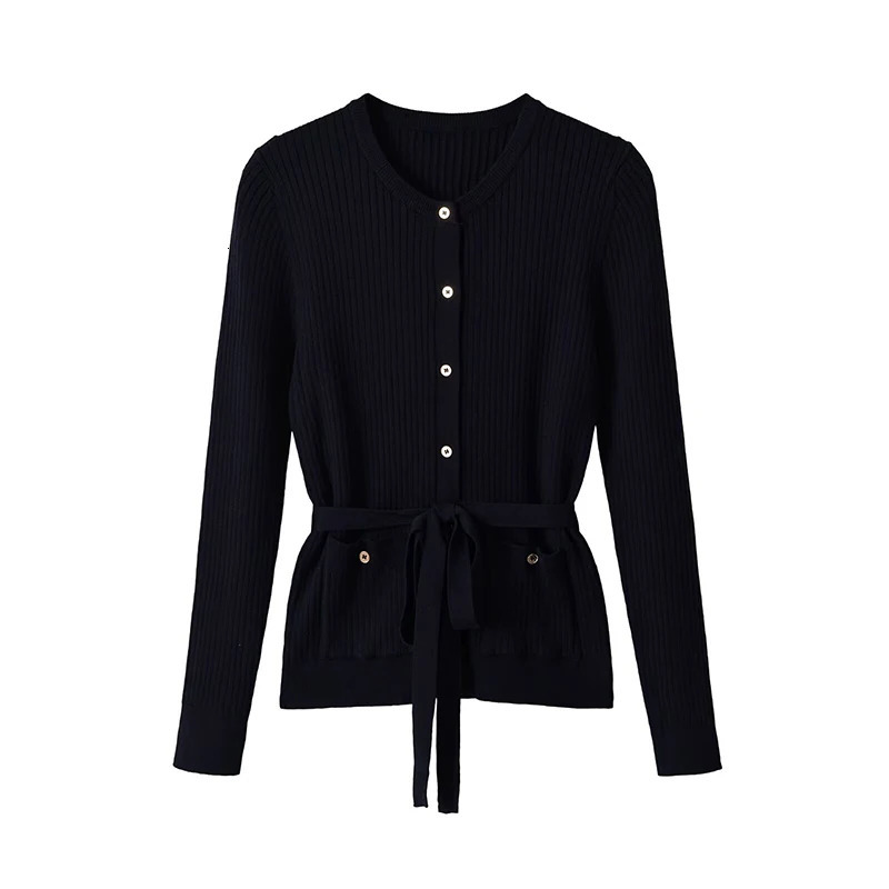 YENKYE Women Navy Blue Ribbed Knit Cardigan Crew Neck Button Front SelfTie Belt Pockets Long Sleeve Slim Knitwear 260910CJ