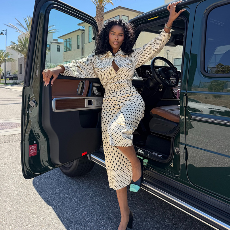 AAAAA V10 Look Chic Deux Pièces - Combo Chemise à Col Montant Tendance avec Pantalon à Pois