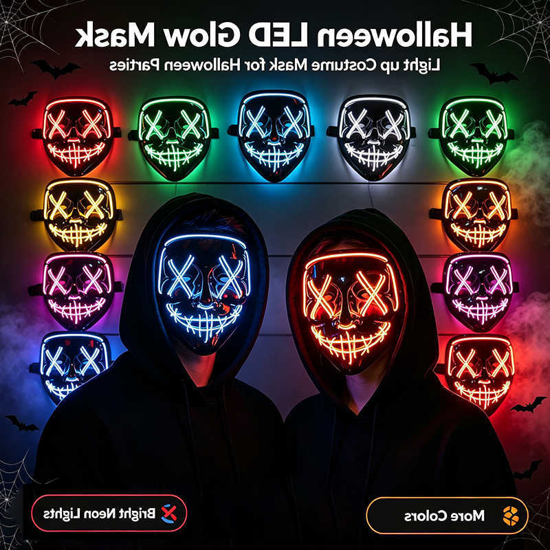 2026 Halloween Party Supplies Luminous LED Purge Mask Wireless EL Neon Light Full Face Mask Cosplay For Adult Glow In The Dark S260911H1WH