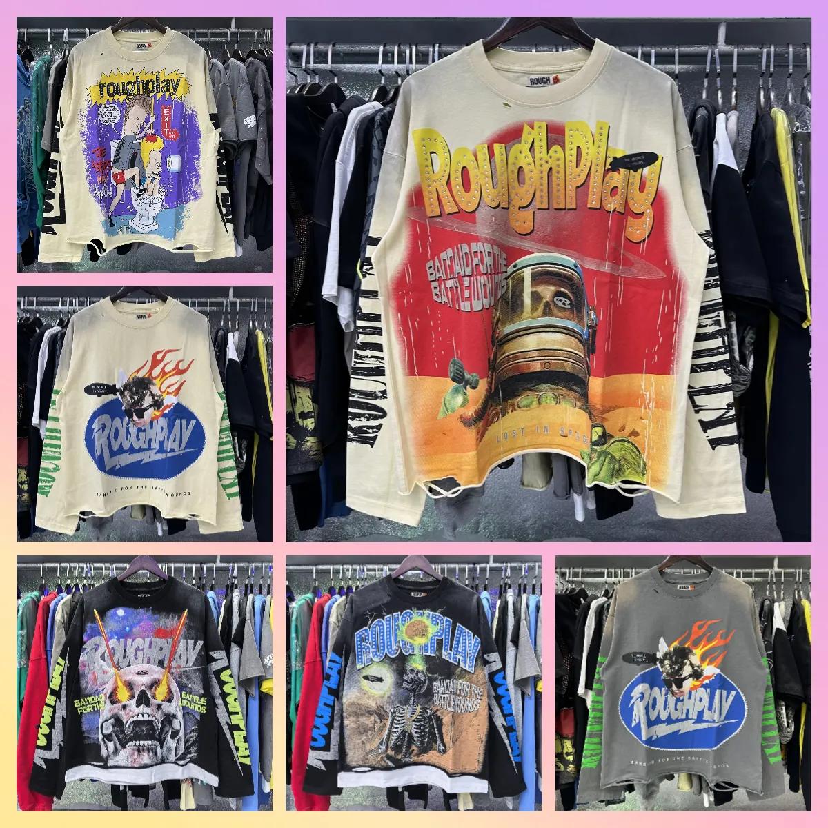 Sweats à capuche de concepteur pour Rough Play T-shirt graphique à manches longues Hommes Femme Épissé Qualité Vintage Washed Streetwear Ripped H