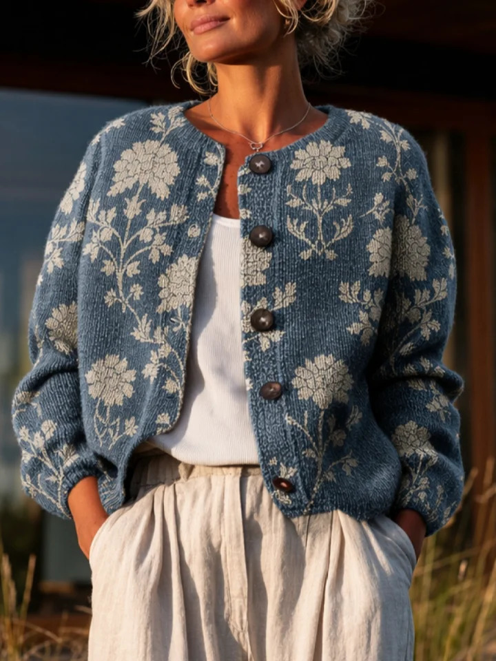 Women's Navy Blue vintage White Flowered Branch Print Knitted Cardigan with a Retro Round Neck and Buttoned Front Elasticated 260910