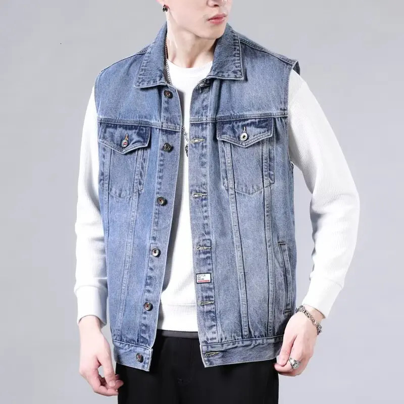 High end retro denim vest men's sleeveless lapel multi pocket workwear 260901