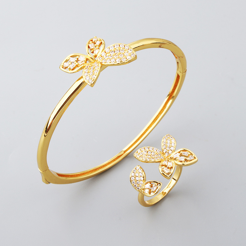 Designer Butterfly Shape Bangle Ring Set Inlaid Sparkly Cubic Zirconia Elegant Women Matching Jewelry Gifts