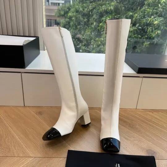 Fashion Designer Luxury Shoe Boot Knee Black Patent Toe Tall Calf Block Heel Side Zipper Womens boot Club Party Stylish Smooth Leather Winter Trendy