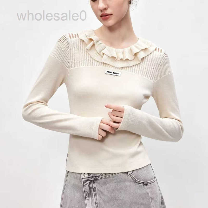 Womens Sweaters designer AutumnWinter New Collection Elegant and Luxurious Ruffled Collar HollowOut Design SlimFit LongSleeve Knit Top for Women Sui
