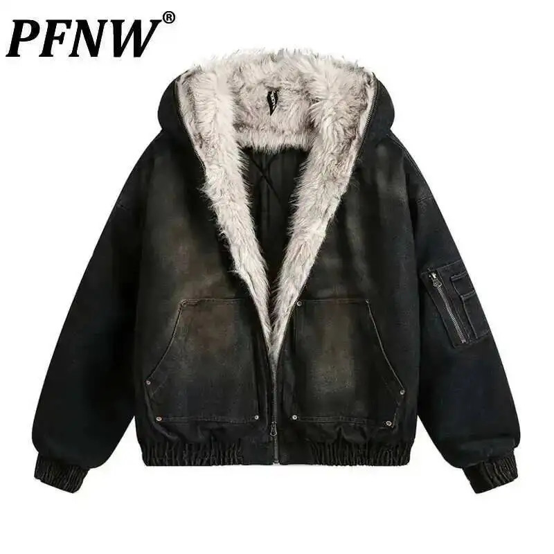 PFNW Menswear Thickened Denim Quilted Padded Jackets Autumn Winter Trend Oversized Fur Collar Hooded Cotton-padded Coat 260911