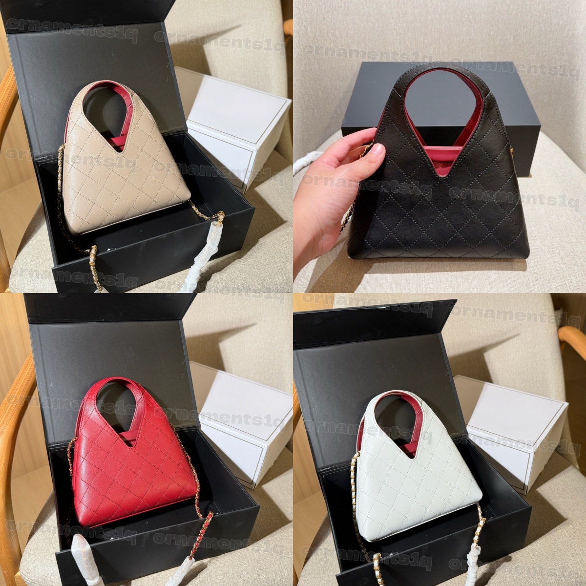 Women Diamond Quilted Leather Triangle Tote Bag, Hollow Top Handle Handbag, Detachable Gold Chain Crossbody Shoulder Purse Ladies Daily Bag