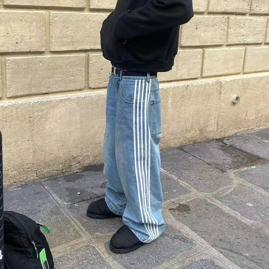 Designer Retro Striped Denim Pants Men Women Y2K Side Three Stripe Straight Wide Leg Floor Length Baggy Jeans Hip Hop Streetwear