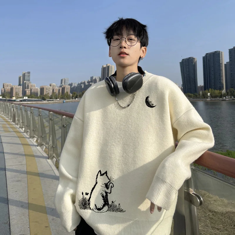 Men's Oversized Sweaters Autumn White Knitted Sweater 5XL Moon Cat Print Casual Wear for Man Knit Pulloves Men Clothes 260911
