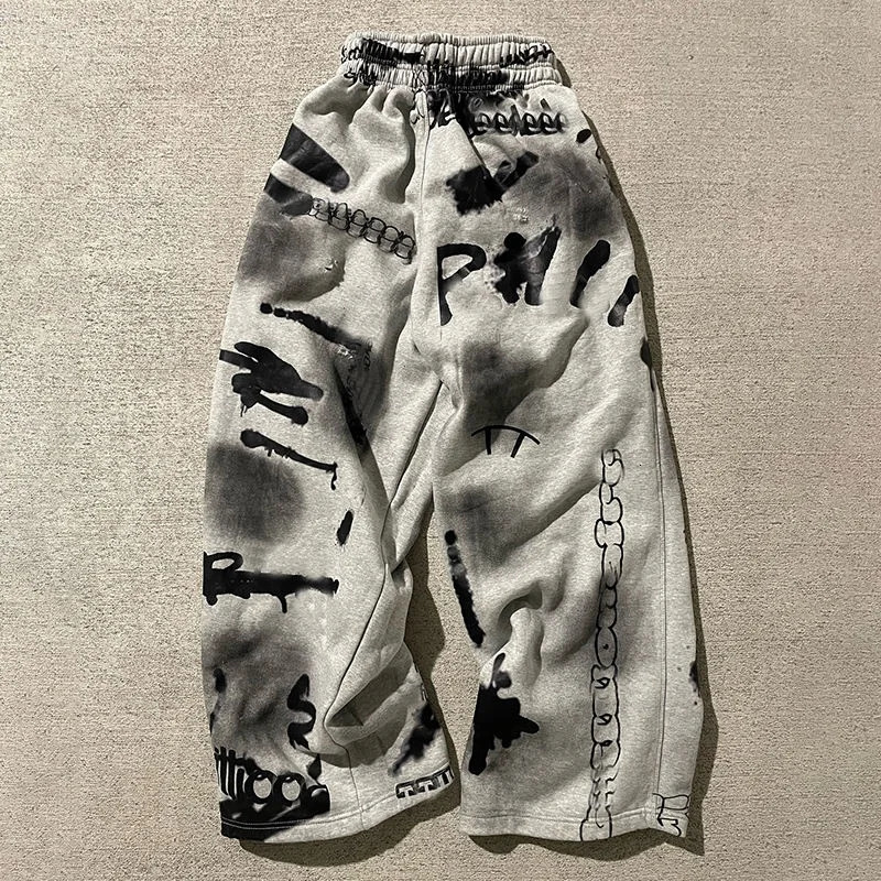 Model Men Gothic Vertical Graphic Wide Leg Sweatpants Drawstring Loose Straight Baggy Y2K Dark Punk Streetwear Pants. 260910