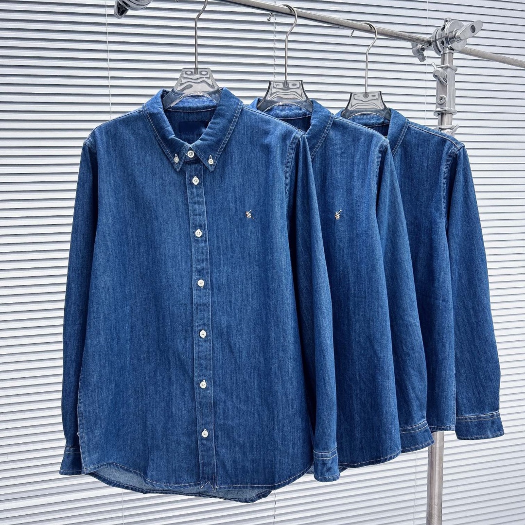 Spring Autumn Men Long Sleeve Shirt Polo Collar Denim Top Pony Embroidered Casual Business Slim Fit Classic Shirt Loose Fit Shirt Jacket Unisex Blou