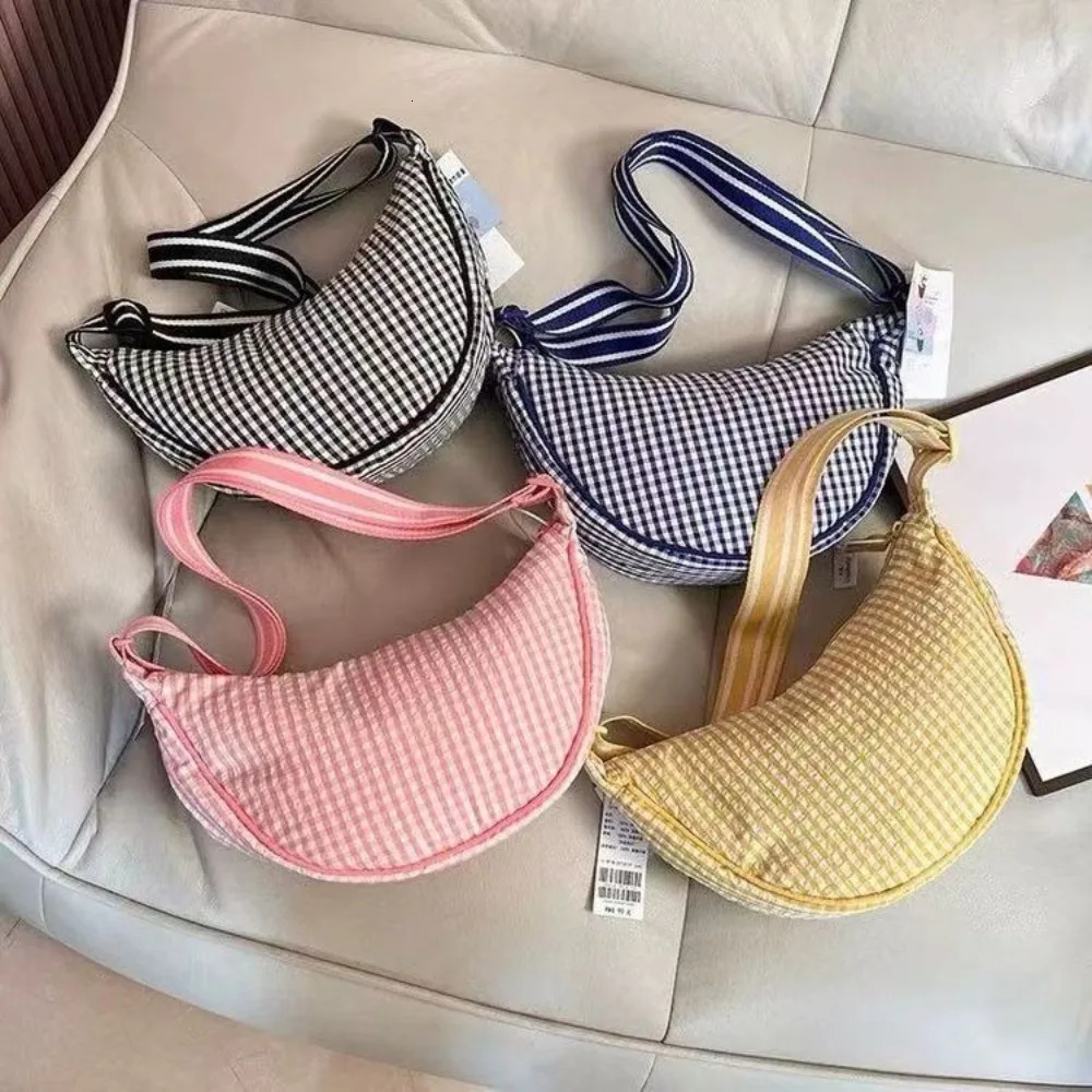 Fashion Canvas Plaid Hobos Crossbody Bag for Women Shoulder Bag Half Moon Chest Bags Tote Lady Travel Shopper Bag Female Purses260911